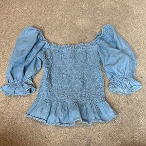 Lotus & Lavender Light Wash 100% Cotton Chambray Smocked Puff Sleeve Top Size L